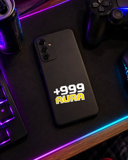 +999 Aura gamer patch in white ink on a phone case