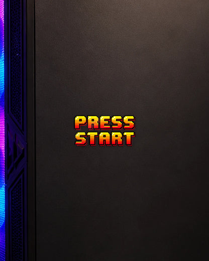 Press Start gamer patch on a gaming PC cabinet