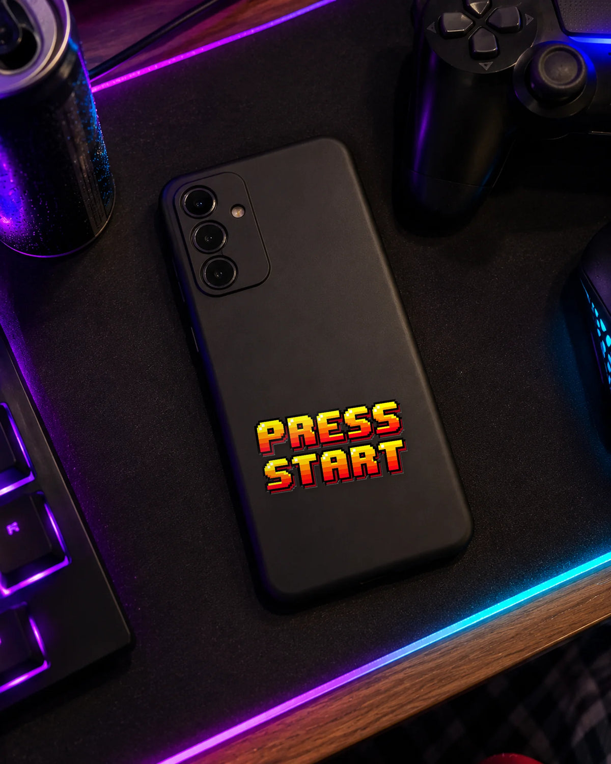 Press Start gamer patch on a phone case