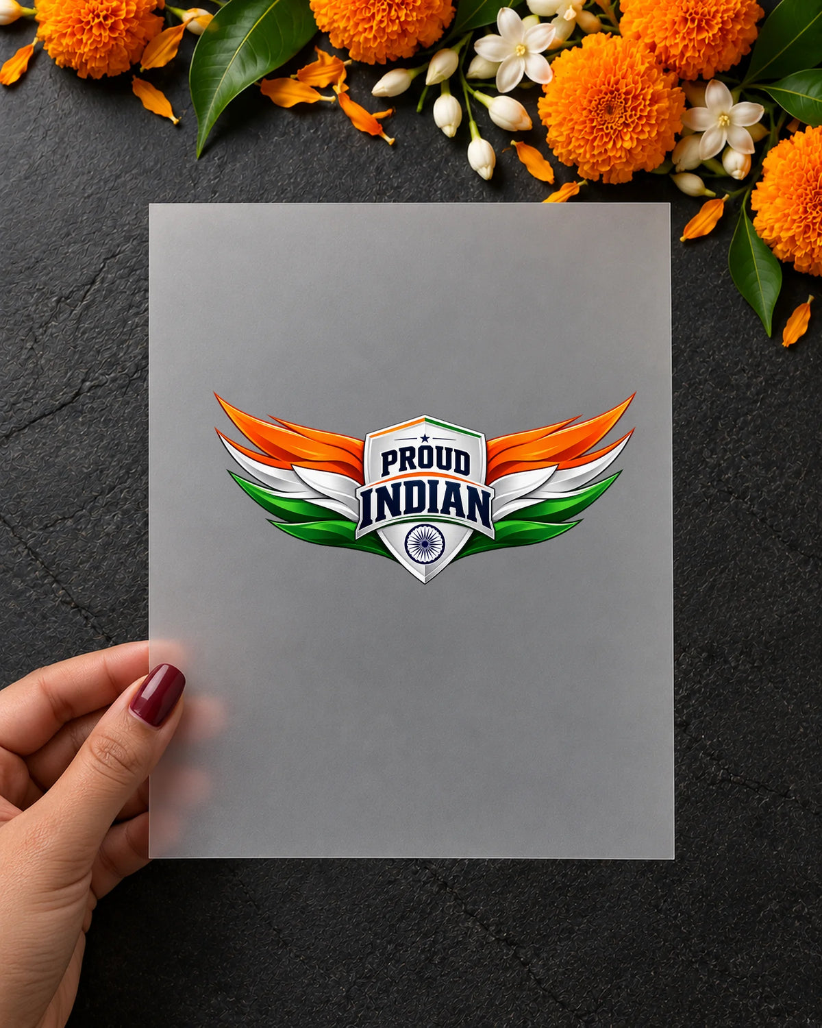 Proud Indian iron-on patch in hand