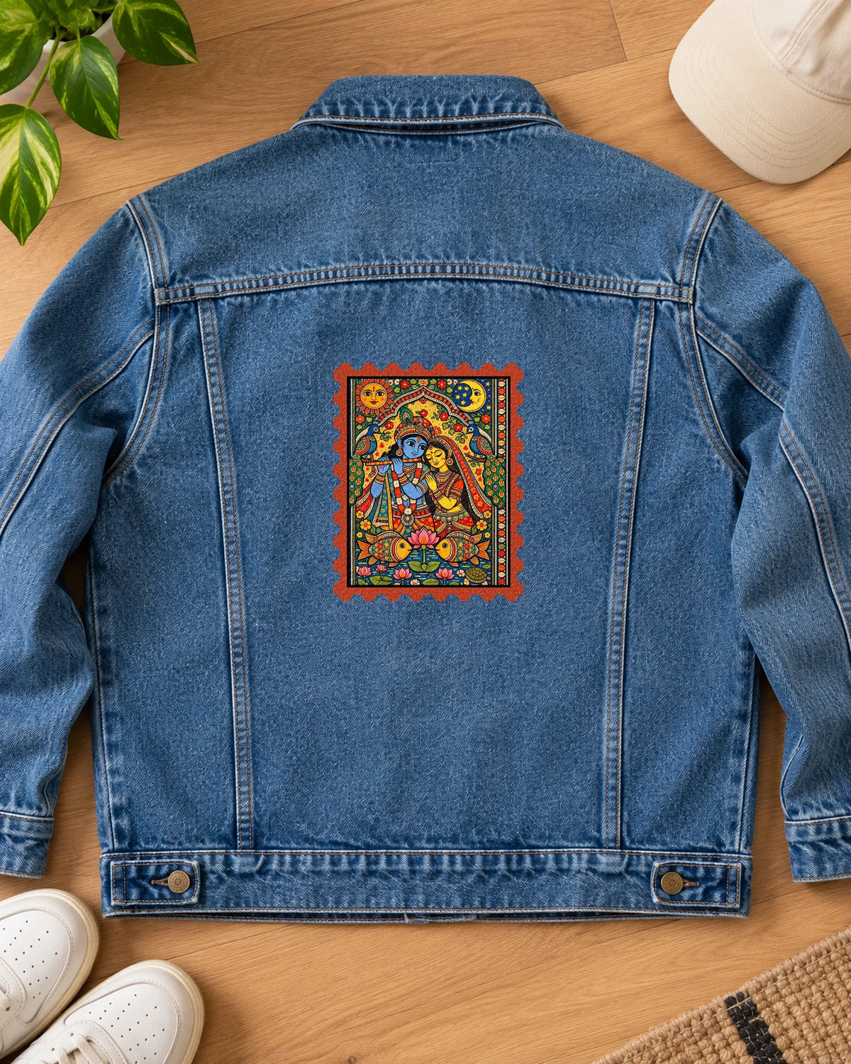 Radha Krishna Madhubani iron-on patch on clothes