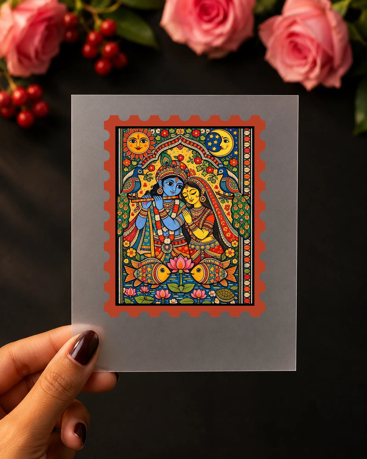 Radha Krishna Madhubani iron-on patch on clothes