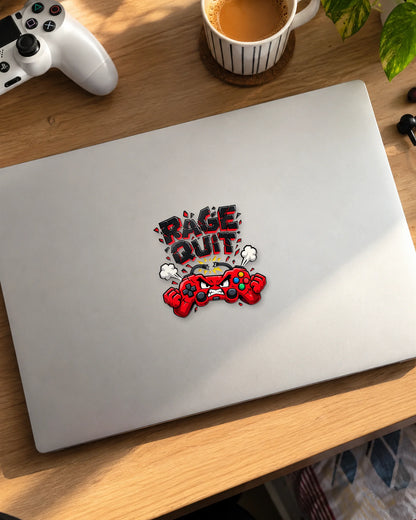 Rage Quit gamer patch on a laptop