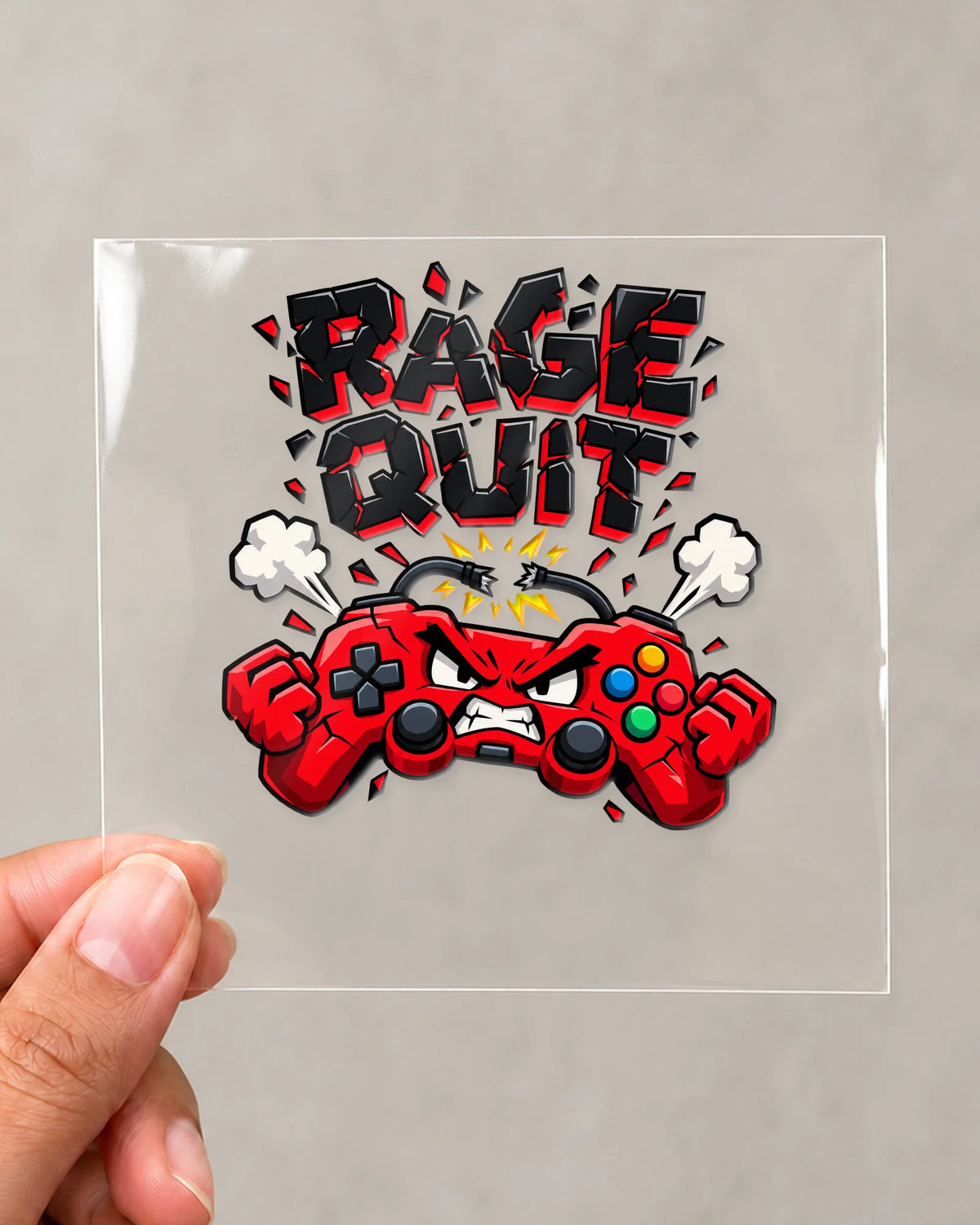 Rage Quit gamer patch on clear film