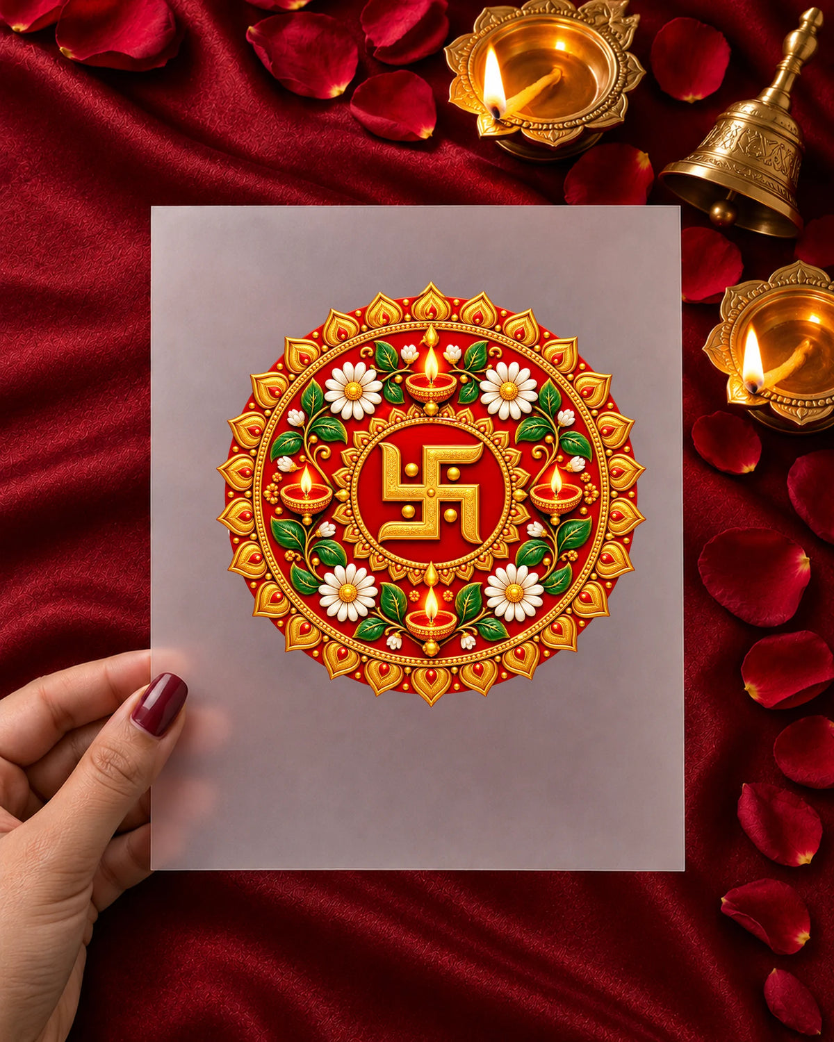 Diwali Rangoli iron-on patch in hand