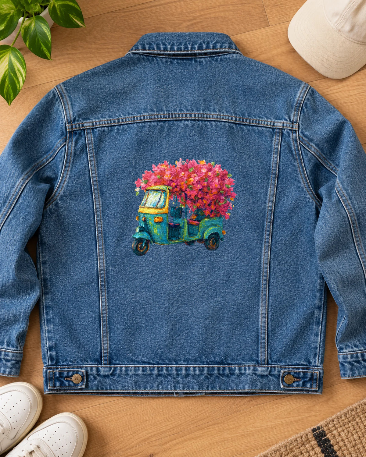 Rickshaw in Bloom iron-on patch on clothes