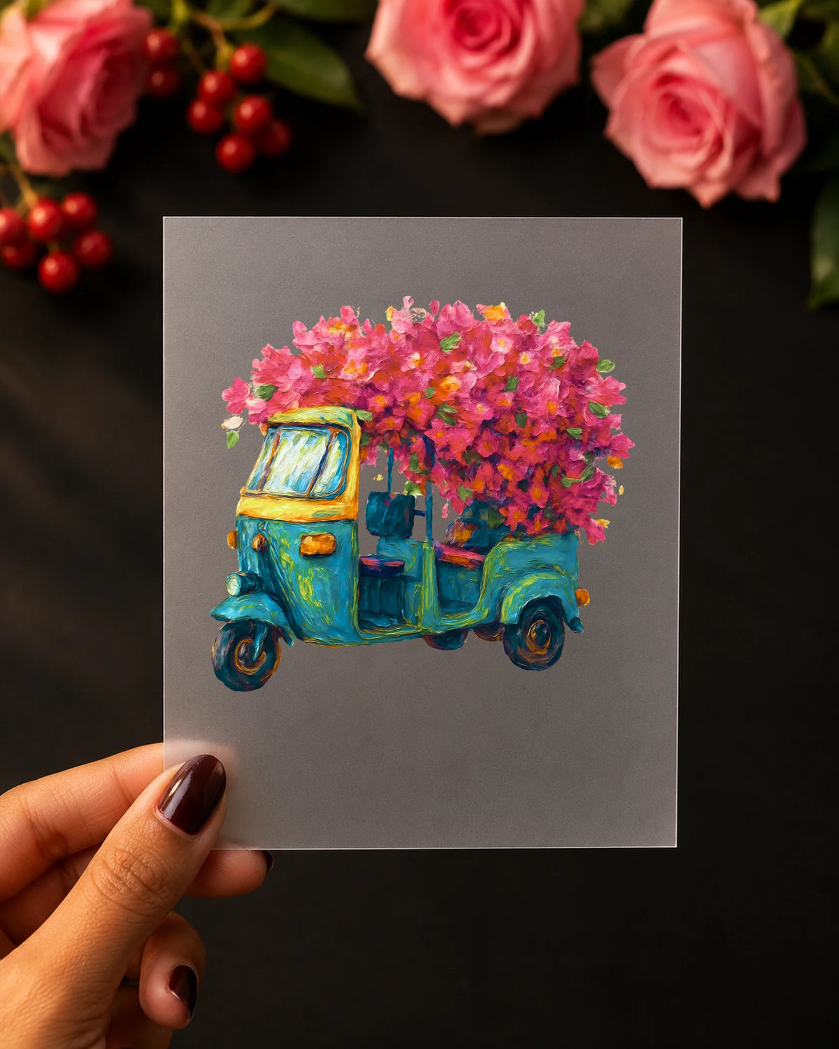 Rickshaw in Bloom iron-on patch on clothes