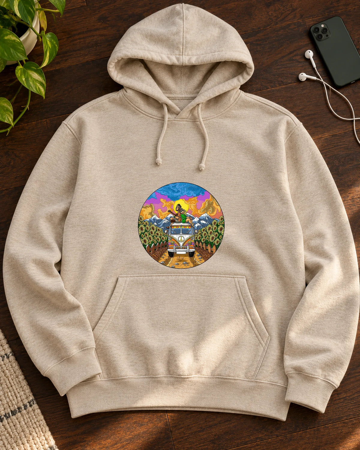 Ride Into Sunset iron-on patch on hoodie