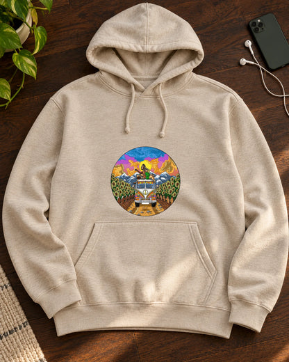 Ride Into Sunset iron-on patch on hoodie
