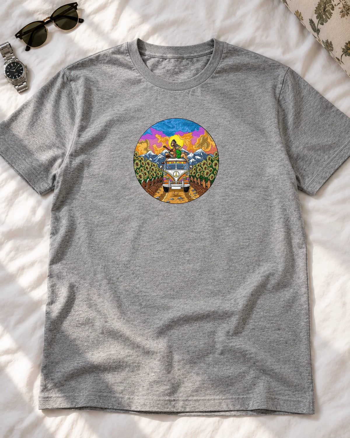 Ride Into Sunset iron-on patch on t-shirt