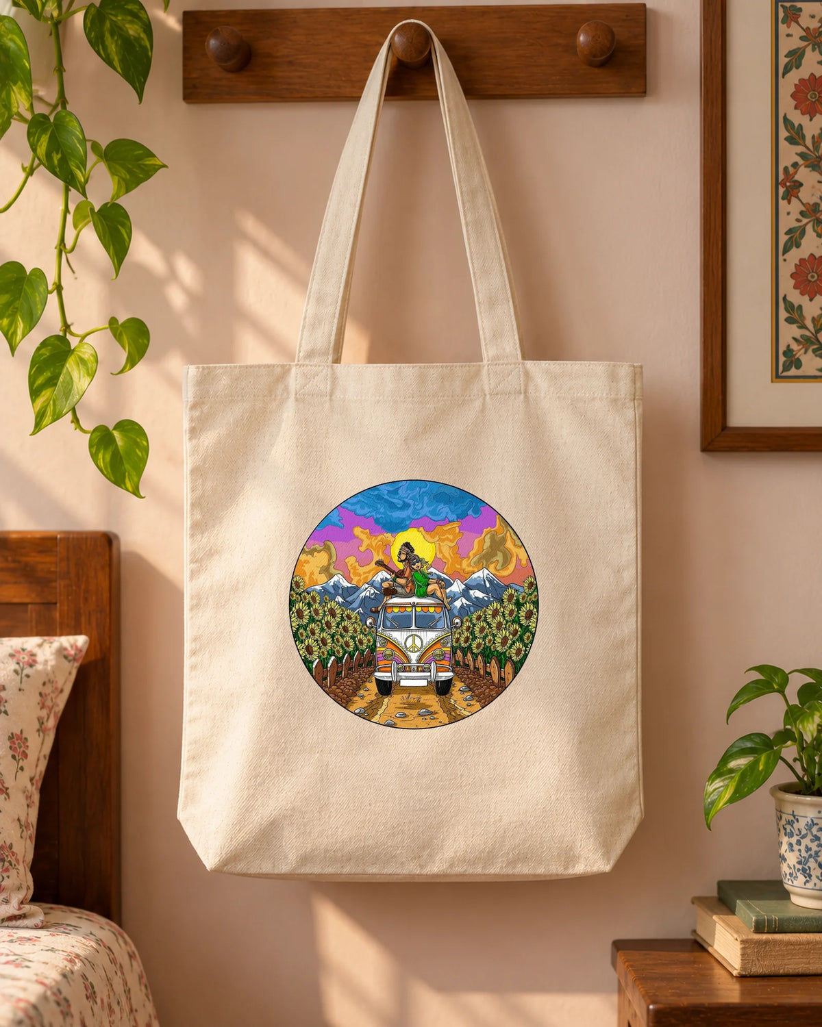 Ride Into Sunset iron-on patch on tote bag