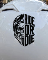 Ride or Die bike patch in black ink on a helmet