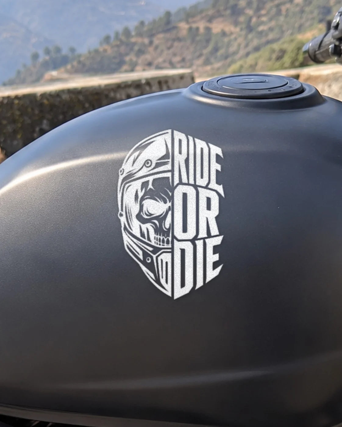 Ride or Die bike patch in white ink on a bike