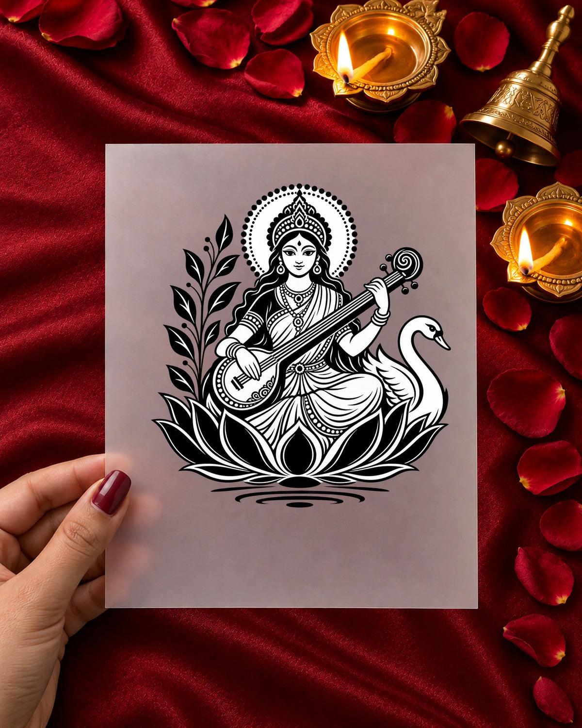 Saraswati Vandana iron-on patch in hand