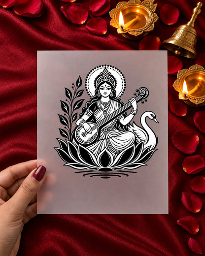 Saraswati Vandana iron-on patch in hand