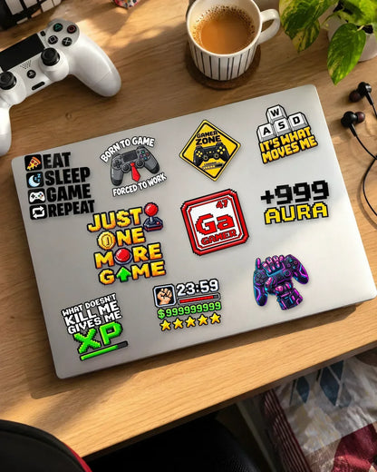 Setup Flex Pack in black ink: 10 gamer patches on a white laptop
