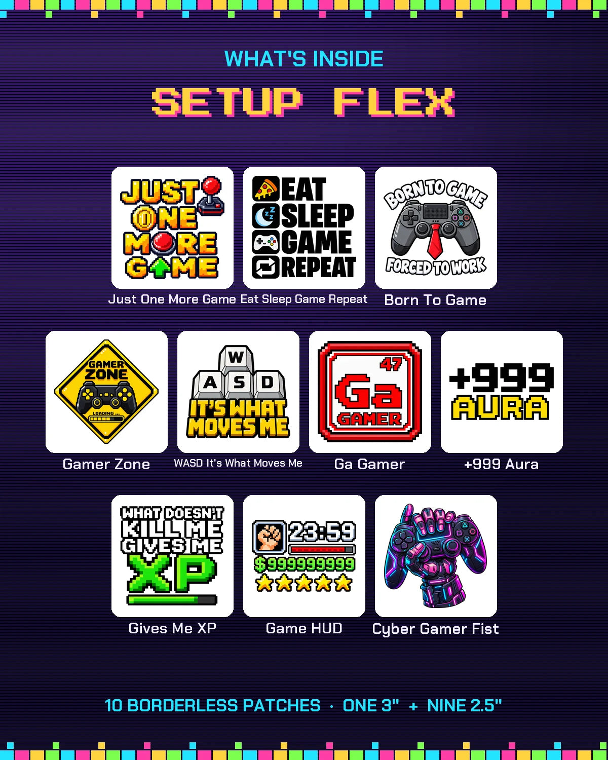 Setup Flex Pack in black ink: 10 gamer patches what's inside