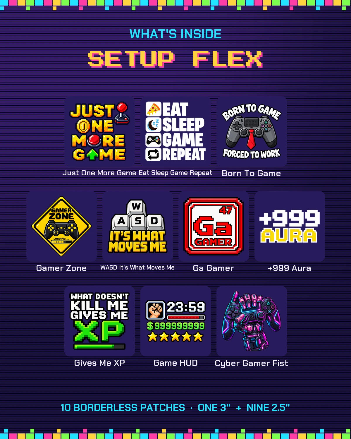 Setup Flex Pack in white ink: 10 gamer patches what's inside
