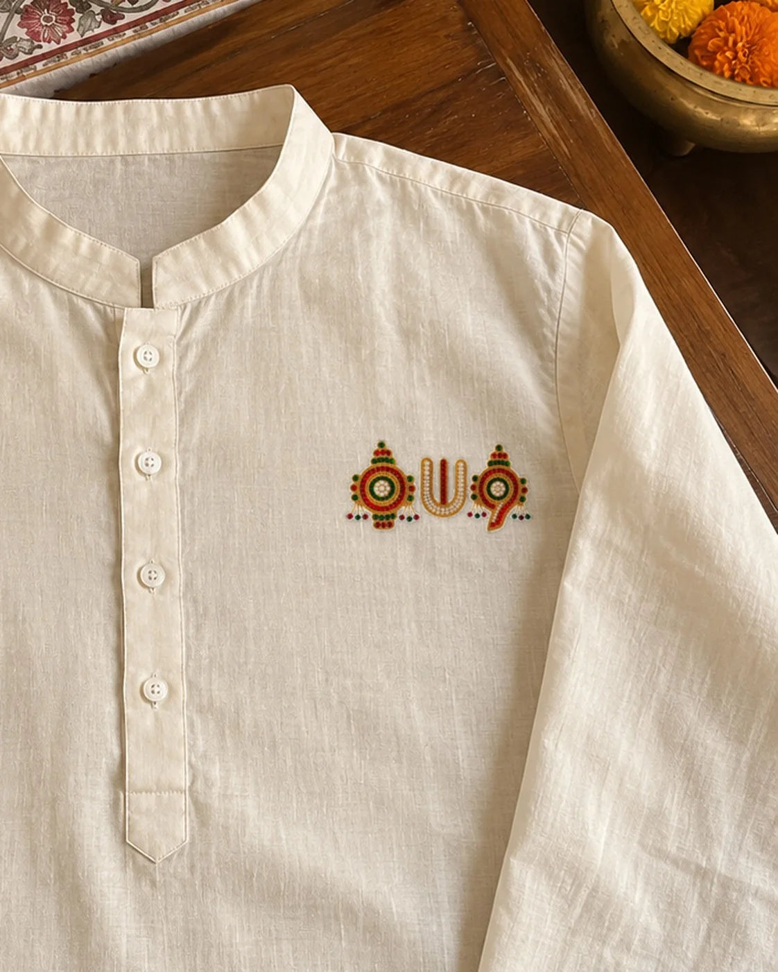 Shankh Chakra Namam embroidery-look iron-on patch | Thread Theory