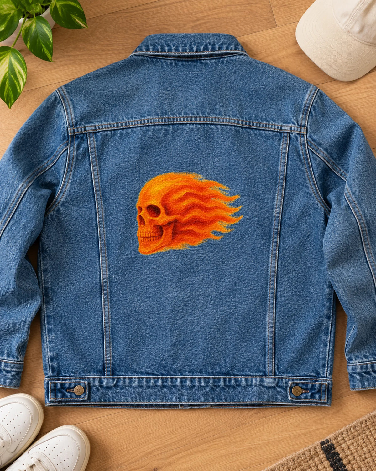 Skull Flame iron-on patch on clothes
