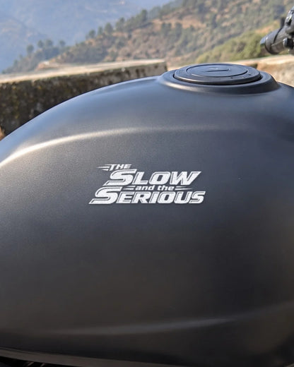 The Slow and the Serious bike patch in white ink on a bike