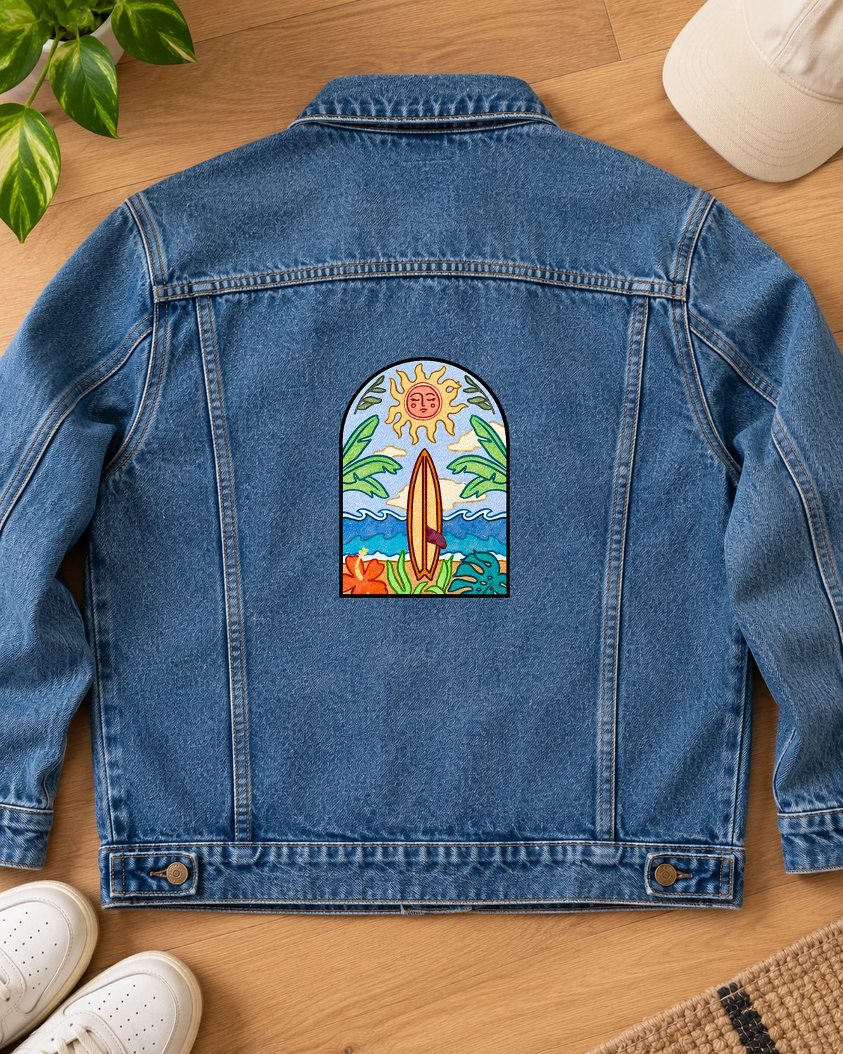 Sol & Surf iron-on patch on clothes