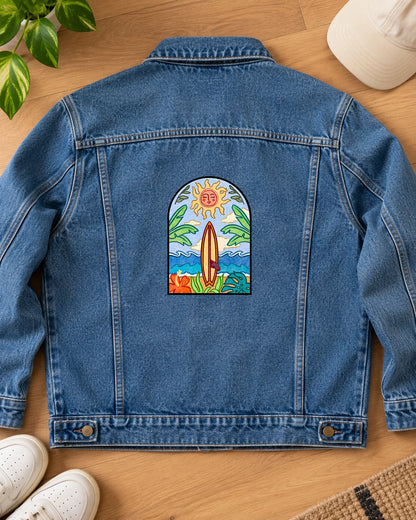 Sol & Surf iron-on patch on clothes