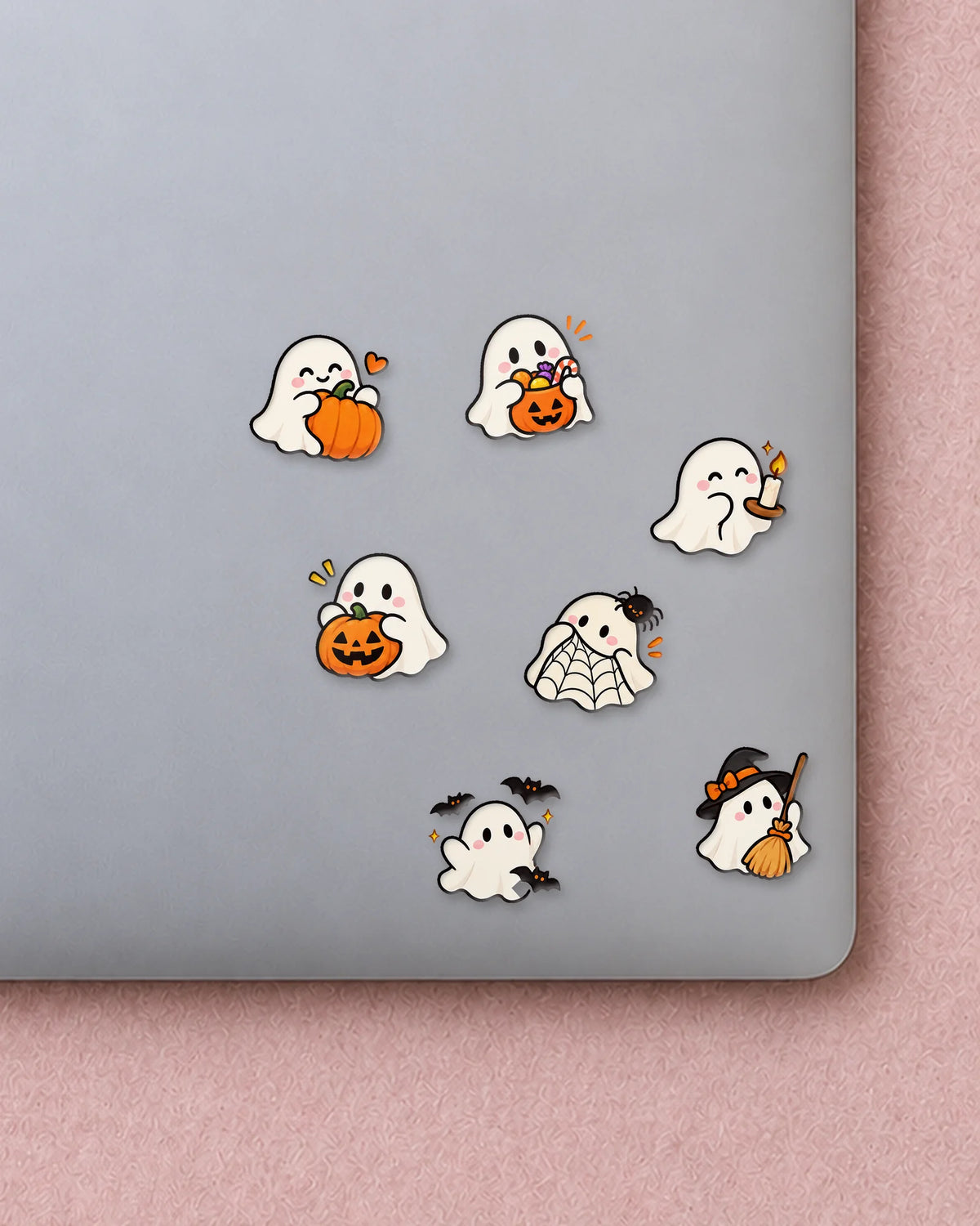 Spooky Boo mini patches on a laptop
