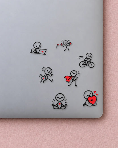 Stick Figure Life mini patches on a laptop