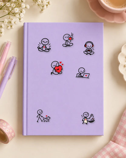 Stick Figure Life mini patches on a journal