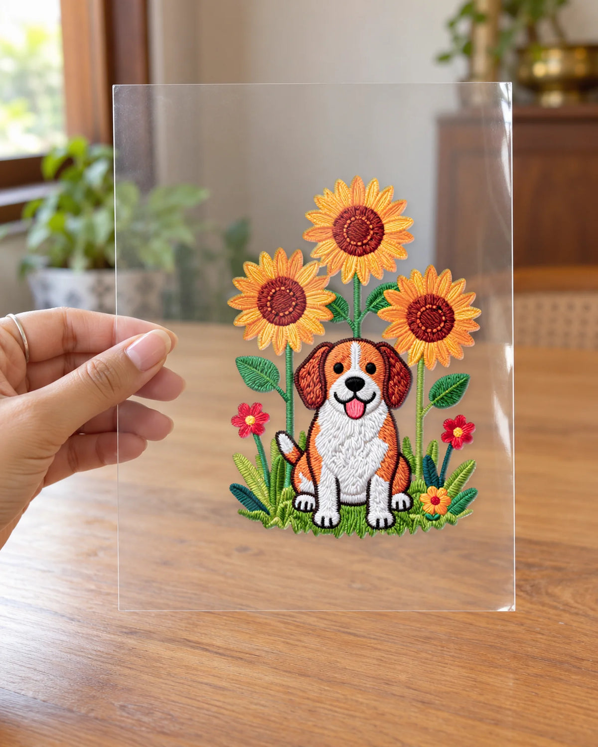 Sunflower Pup hard surface patch on clear film