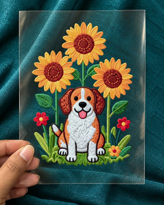 Sunflower Pup embroidery-look iron-on patch | Thread Theory