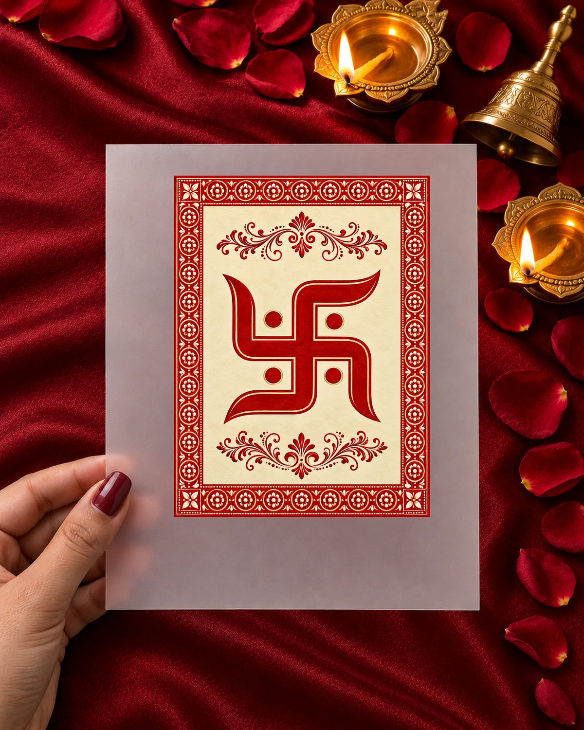 Swastik Folk Card iron-on patch in hand