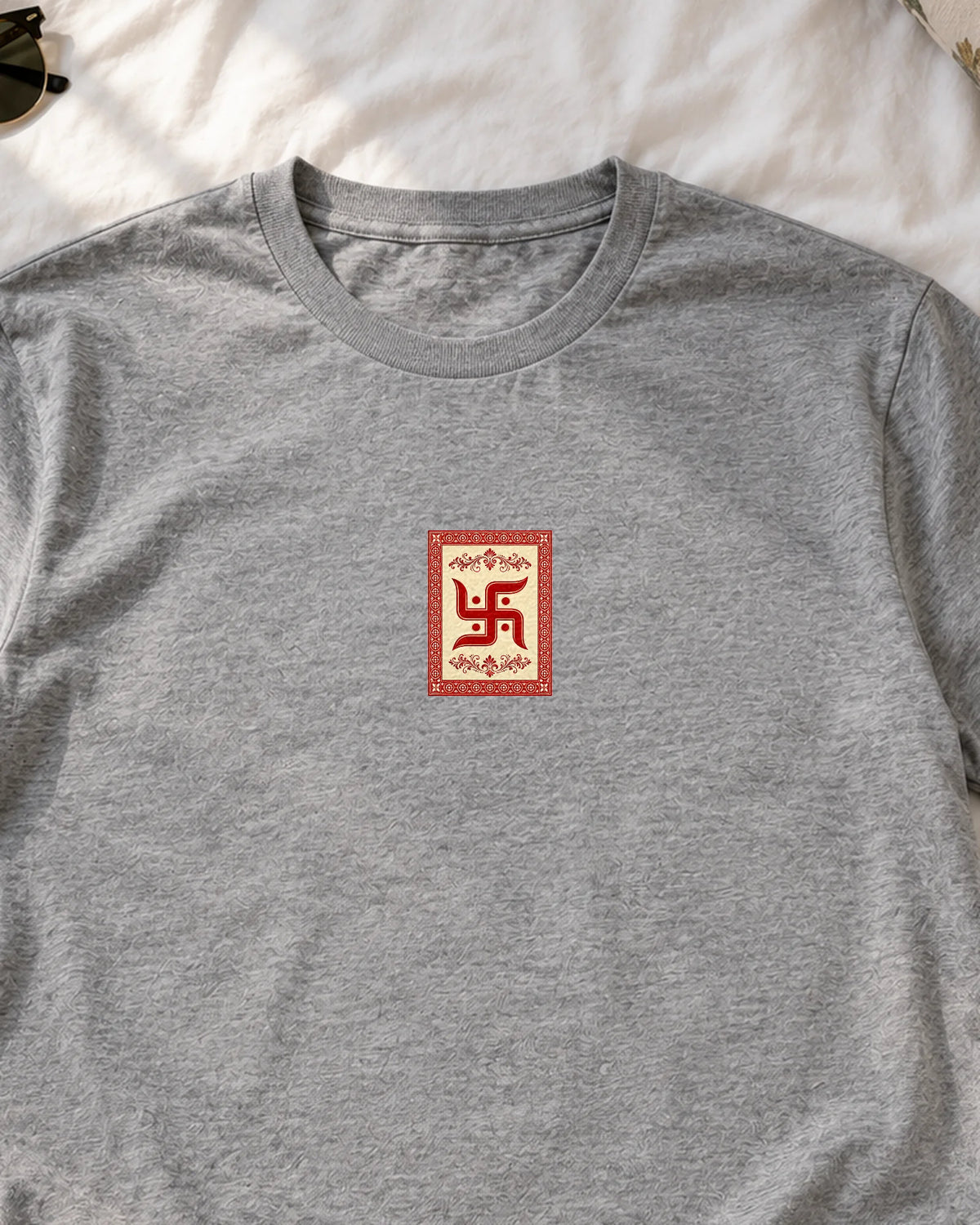 Swastik Folk Card iron-on patch on clothes
