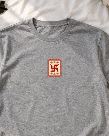 Swastik Folk Card iron-on patch on clothes