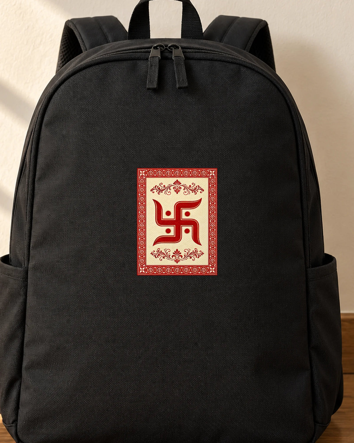 Swastik Folk Card iron-on patch on clothes