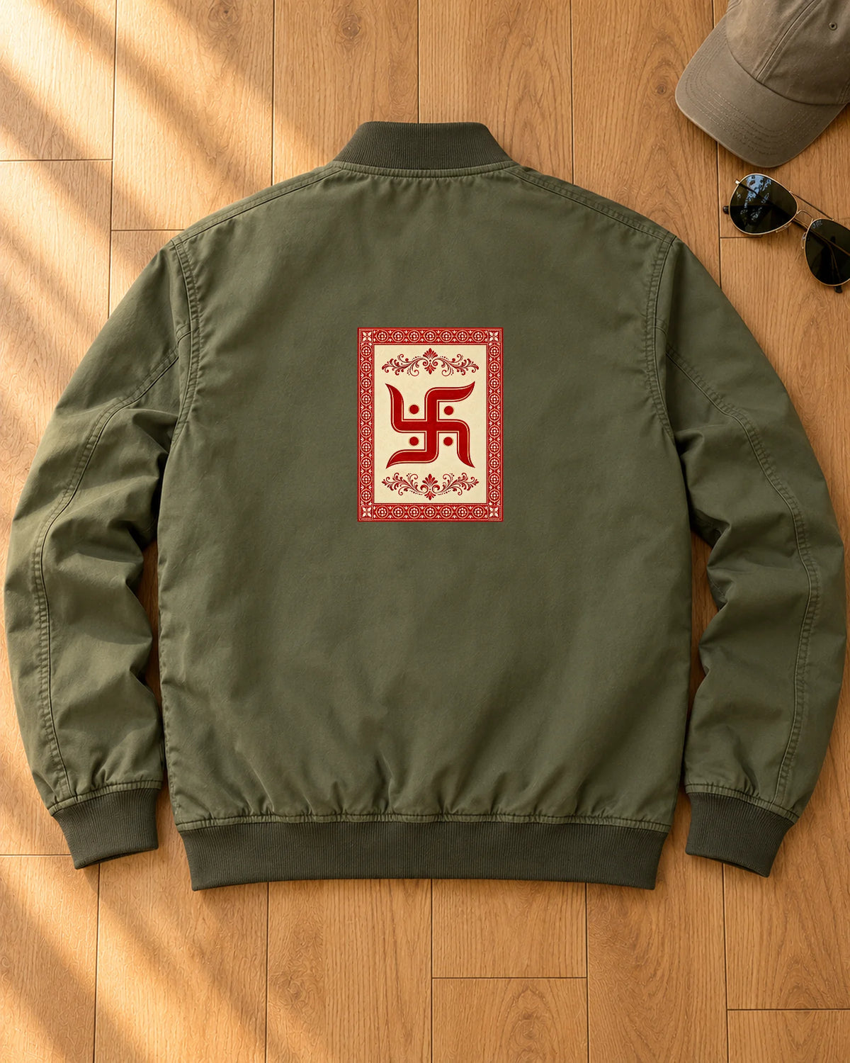 Swastik Folk Card iron-on patch on clothes