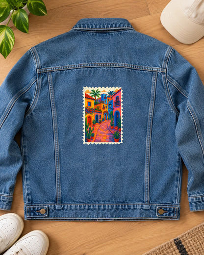 The Global Stamp iron-on patch on clothes