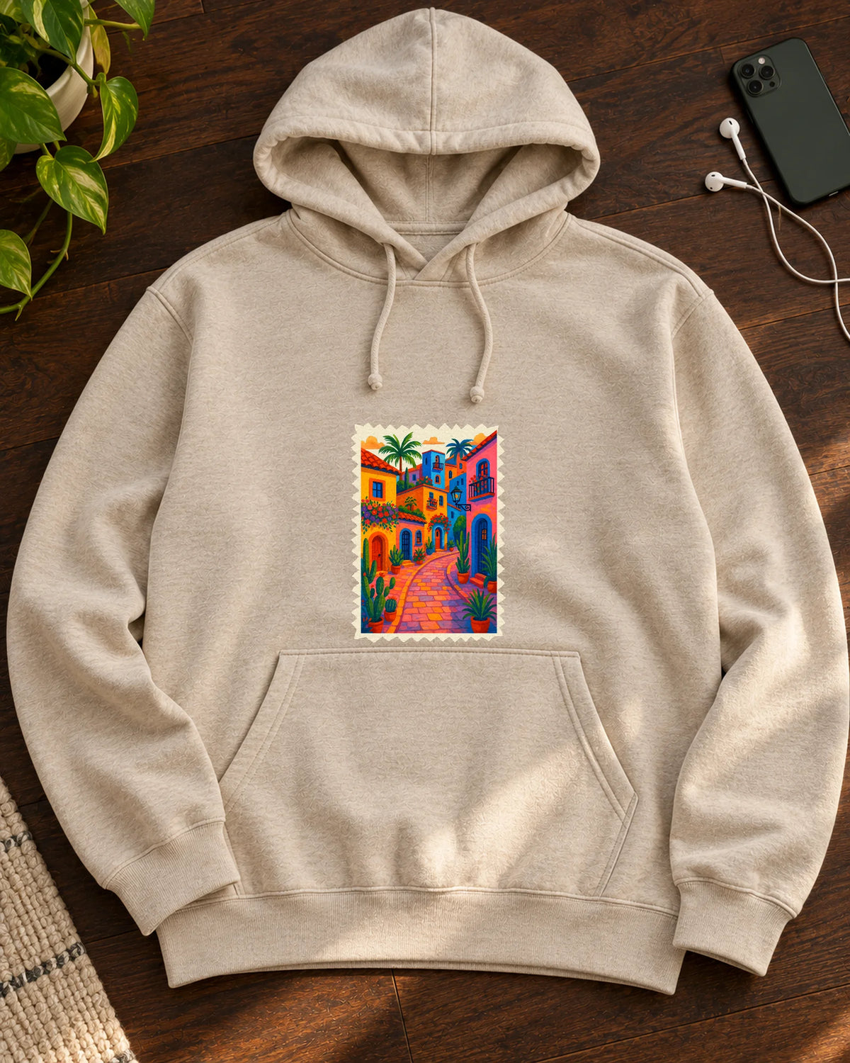 The Global Stamp iron-on patch on clothes