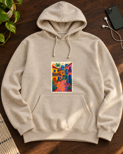 The Global Stamp iron-on patch on clothes