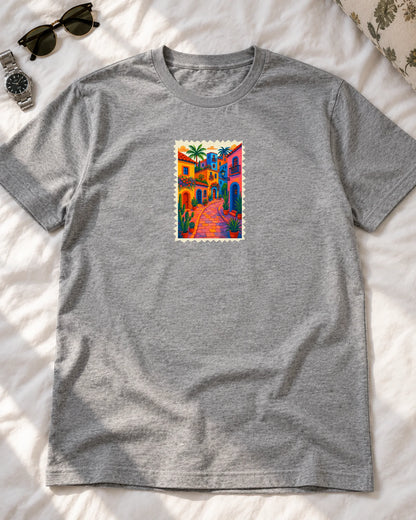 The Global Stamp iron-on patch on clothes