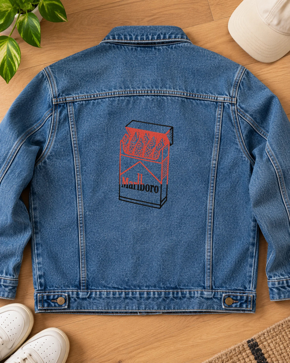The Marlboro Mullet iron-on patch on clothes