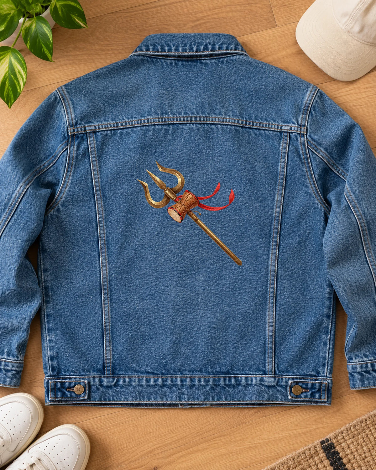 The Sacred Trishul iron-on patch on clothes