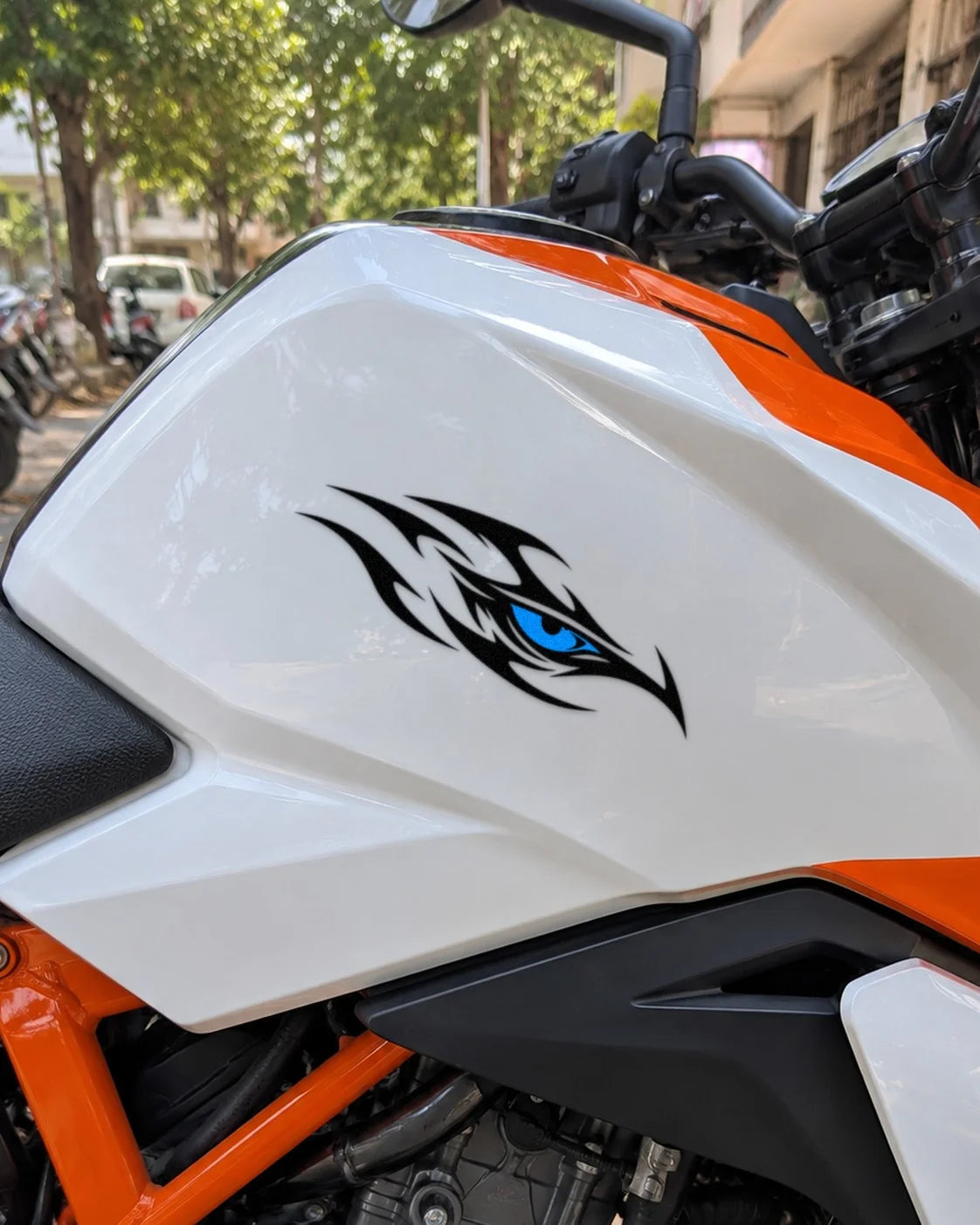 Tribal Eye bike patch in black ink on a bike