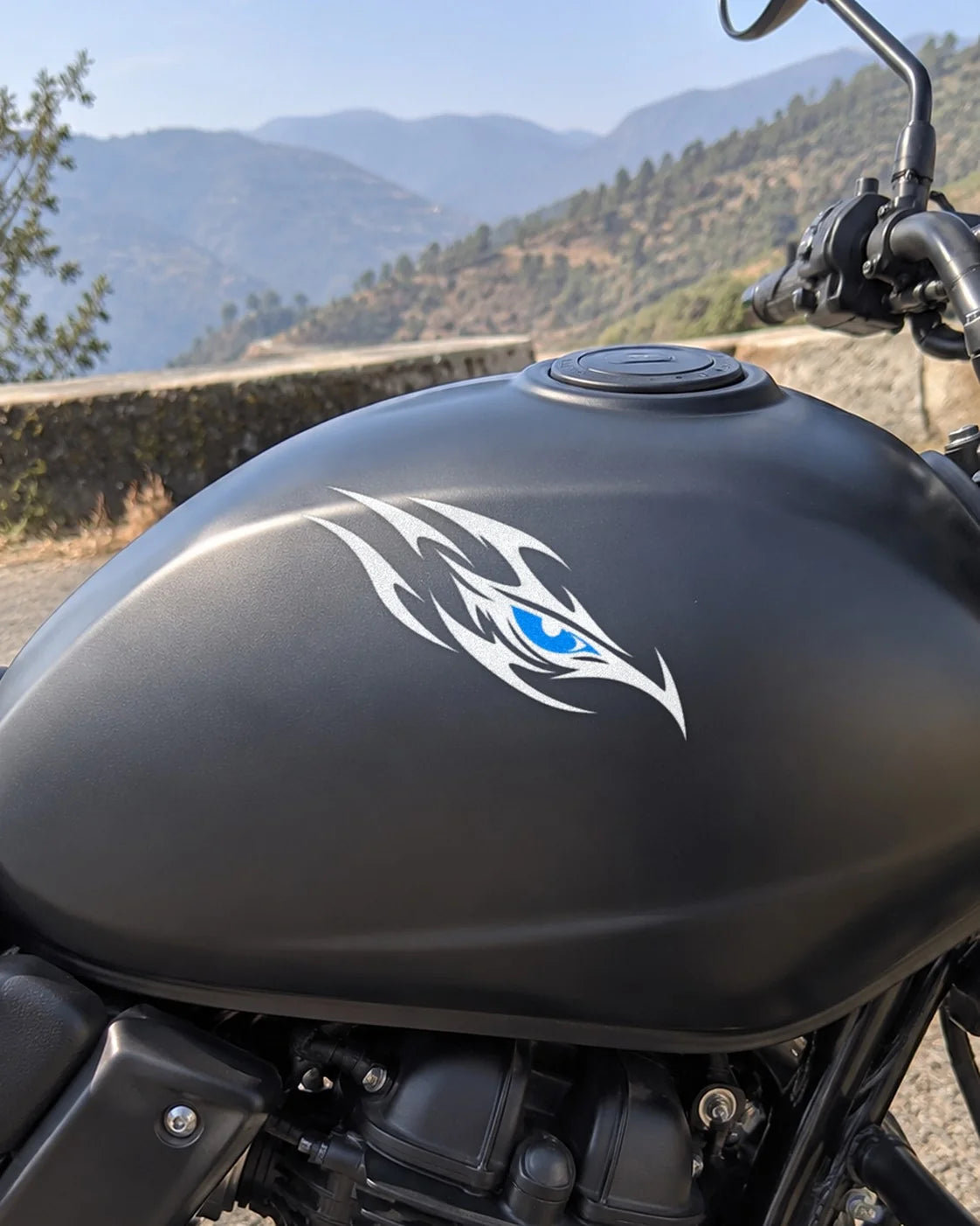 Tribal Eye bike patch in white ink on a bike