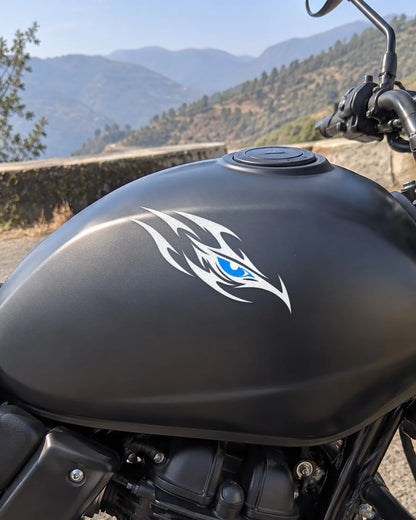 Tribal Eye bike patch in white ink on a bike
