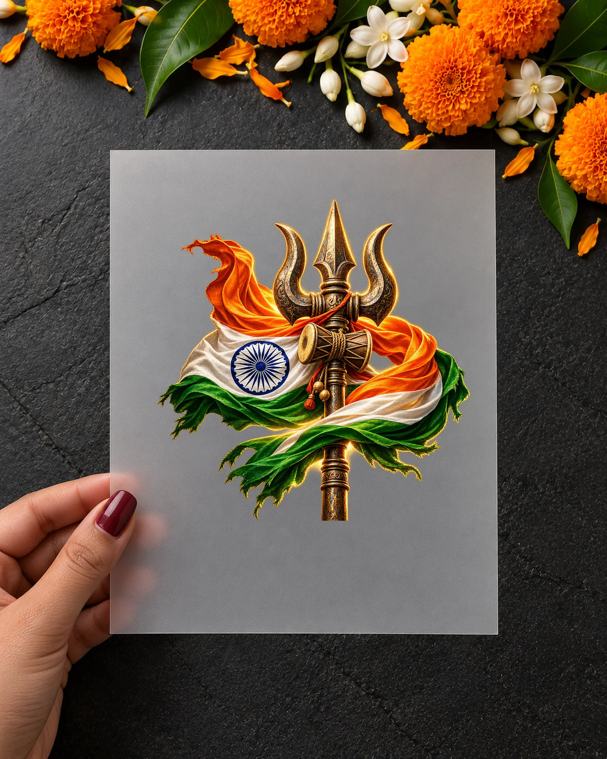 Trishul Tiranga iron-on patch in hand