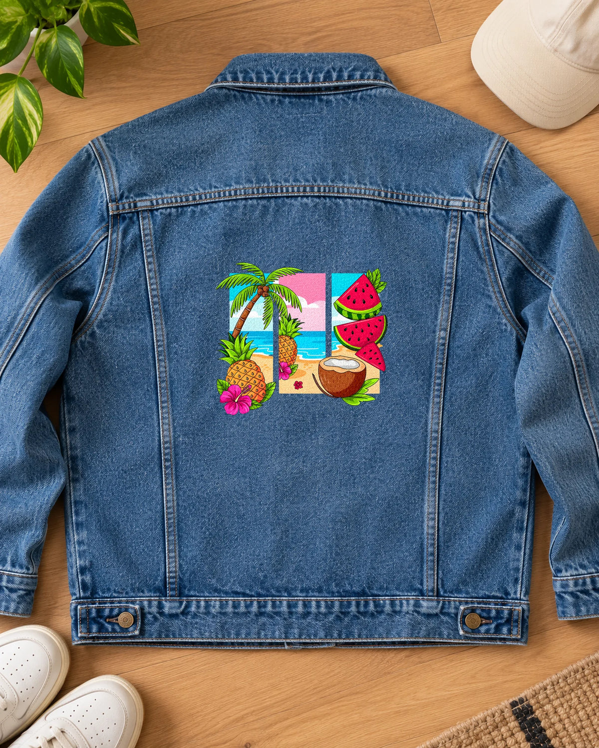 Tropical Triptych iron-on patch on clothes