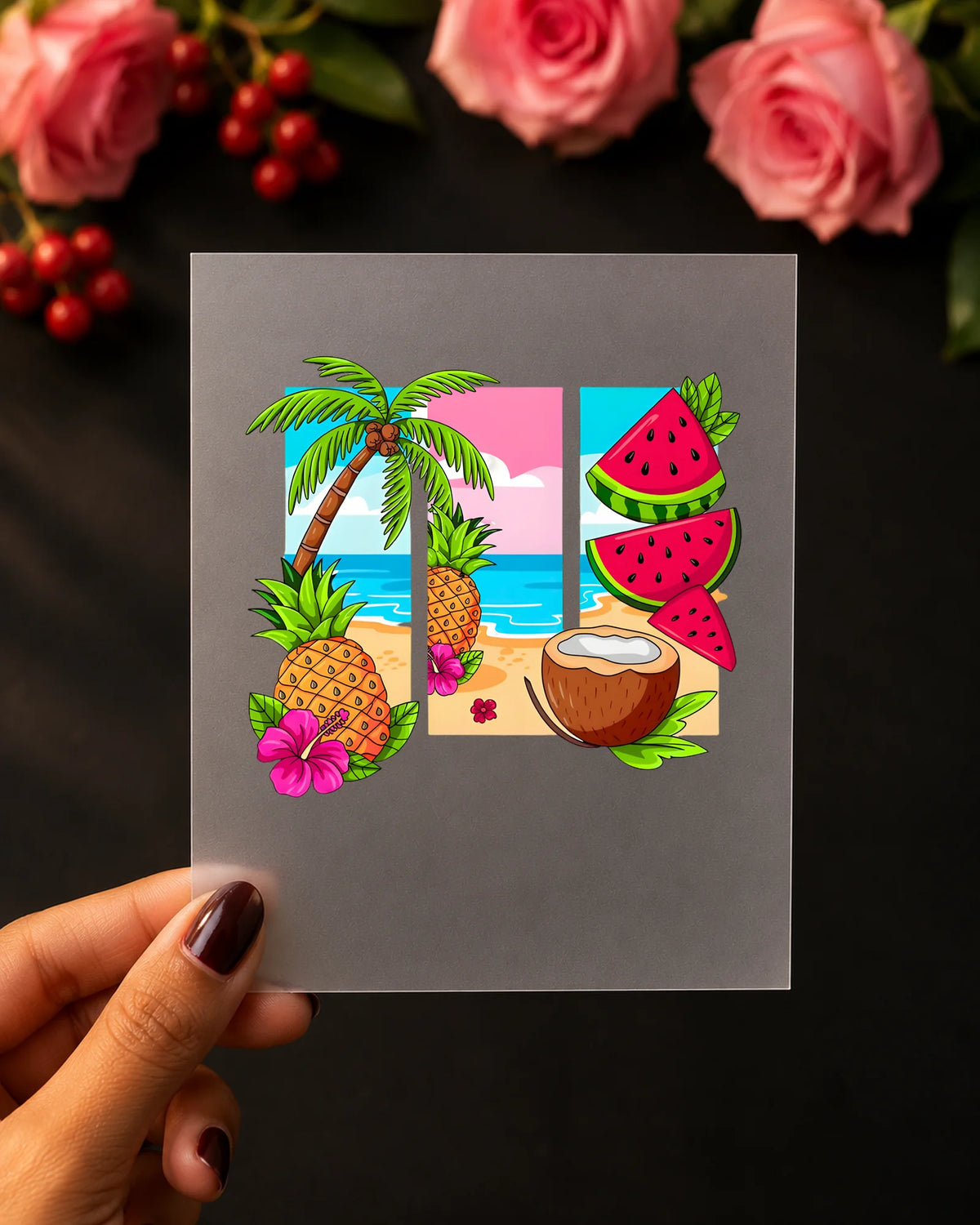 Tropical Triptych iron-on patch on clothes