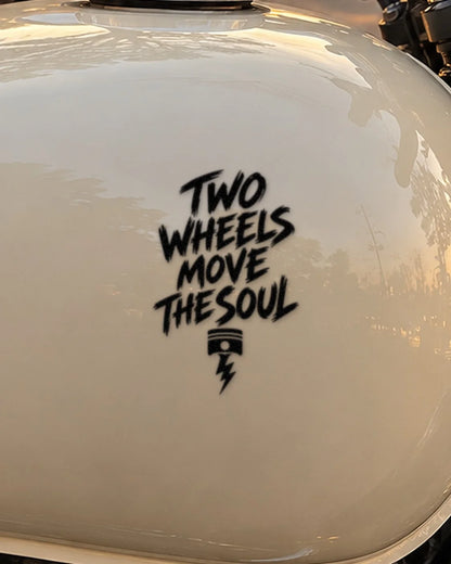 Two Wheels Move the Soul bike patch in black ink on a bike